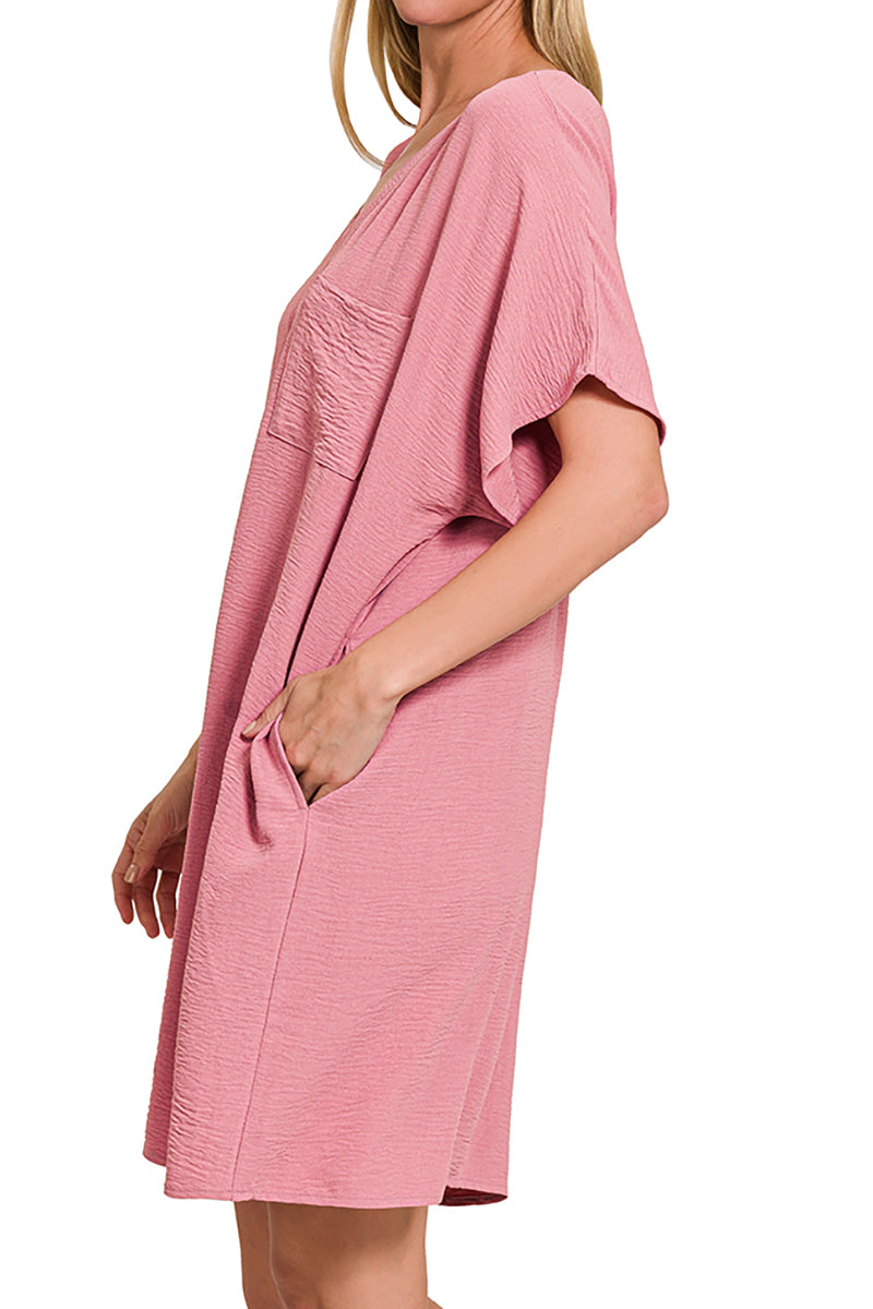 Go With The Flow Light Rose V-Neck Pocket Shirt Dress product image 3