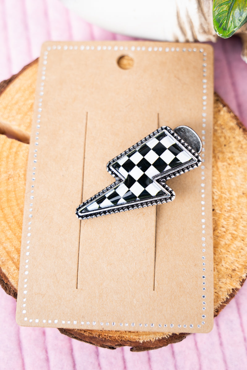 Black & White Checkered Bolt Hair Barrette