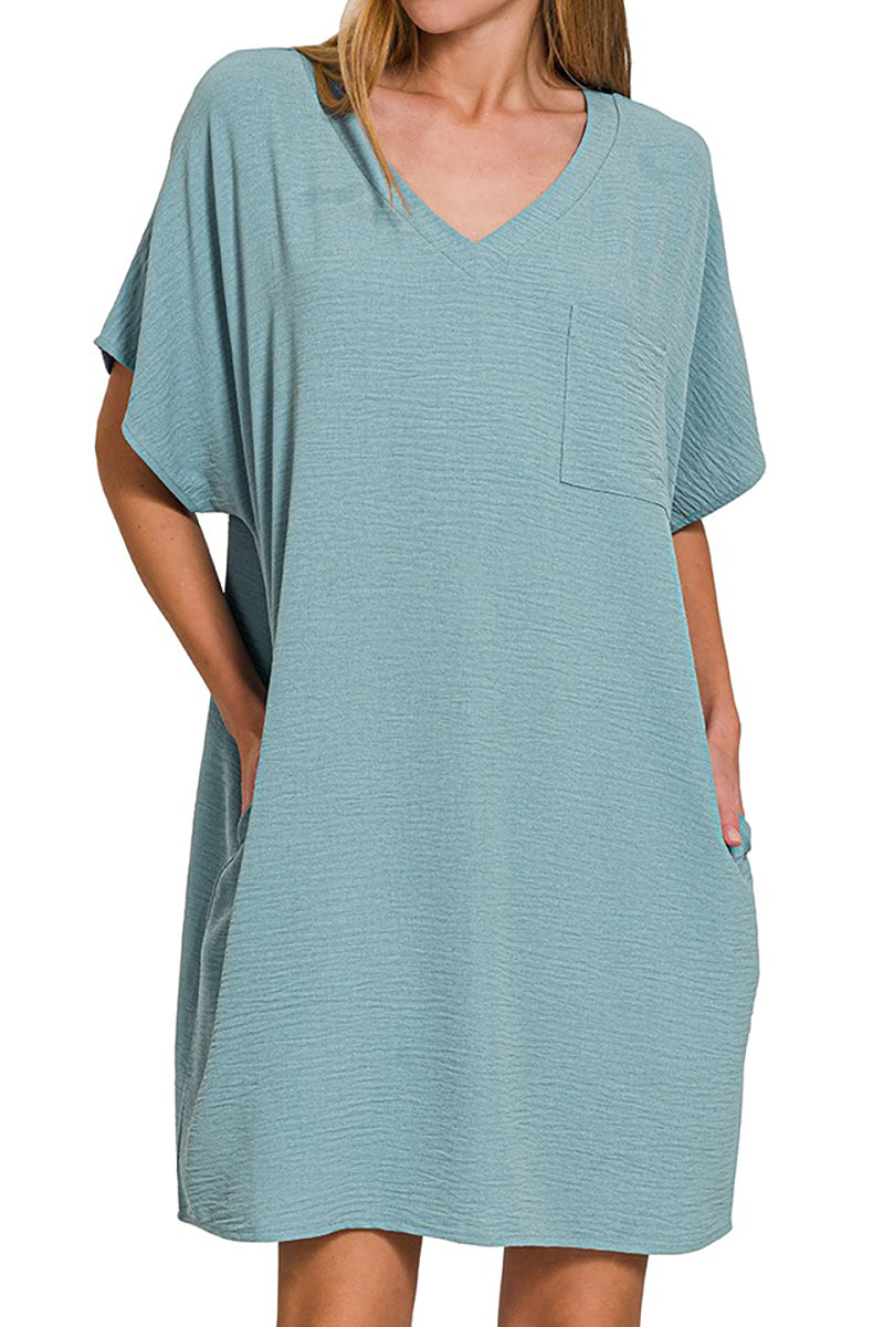 Go With The Flow Blue Gray V-Neck Pocket Shirt Dress product image 1